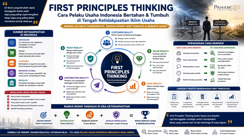 Infografis First Principles Thinking untuk pelaku usaha Indonesia yang menampilkan framework berpikir strategis dalam menghadapi ketidakpastian bisnis. Visual menjelaskan sumber ketidakpastian seperti AI, perubahan pasar, regulasi, platform digital, dan ekonomi global, serta lima pilar utama Customer Reality, Value Reality, Cost Reality, Distribution Reality, dan Trust Reality. Konten edukasi bisnis dan strategi oleh PahamSEO.